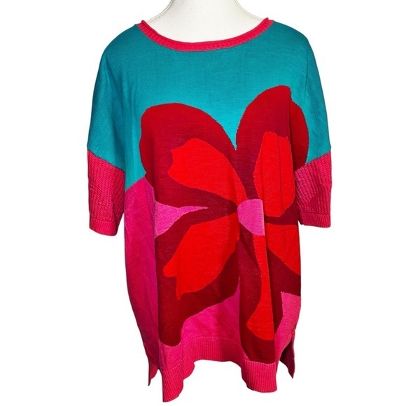 Soft Surroundings Tops - Soft Surroundings Hot Pink Floral Retro Maximalist Knit Sweater Short Sleeve Top